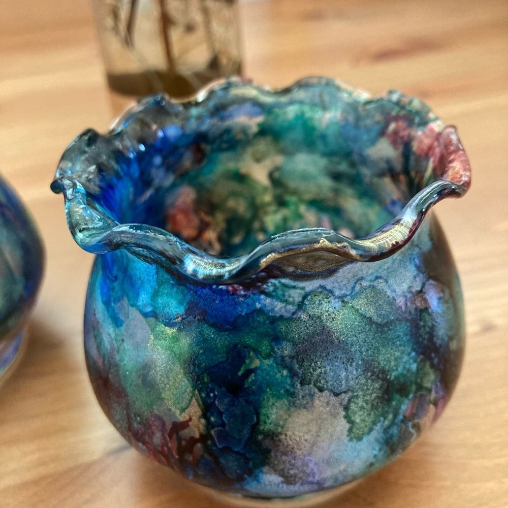 New Hand Painted Glass Tealight Holders Colorful Alcohol Ink - Set of 2 - Picture 2 of 7